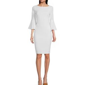 Like NEW Calvin Klein CK White 3/4 Bell Sleeve Boat Neck Sheath Dress Size 12
